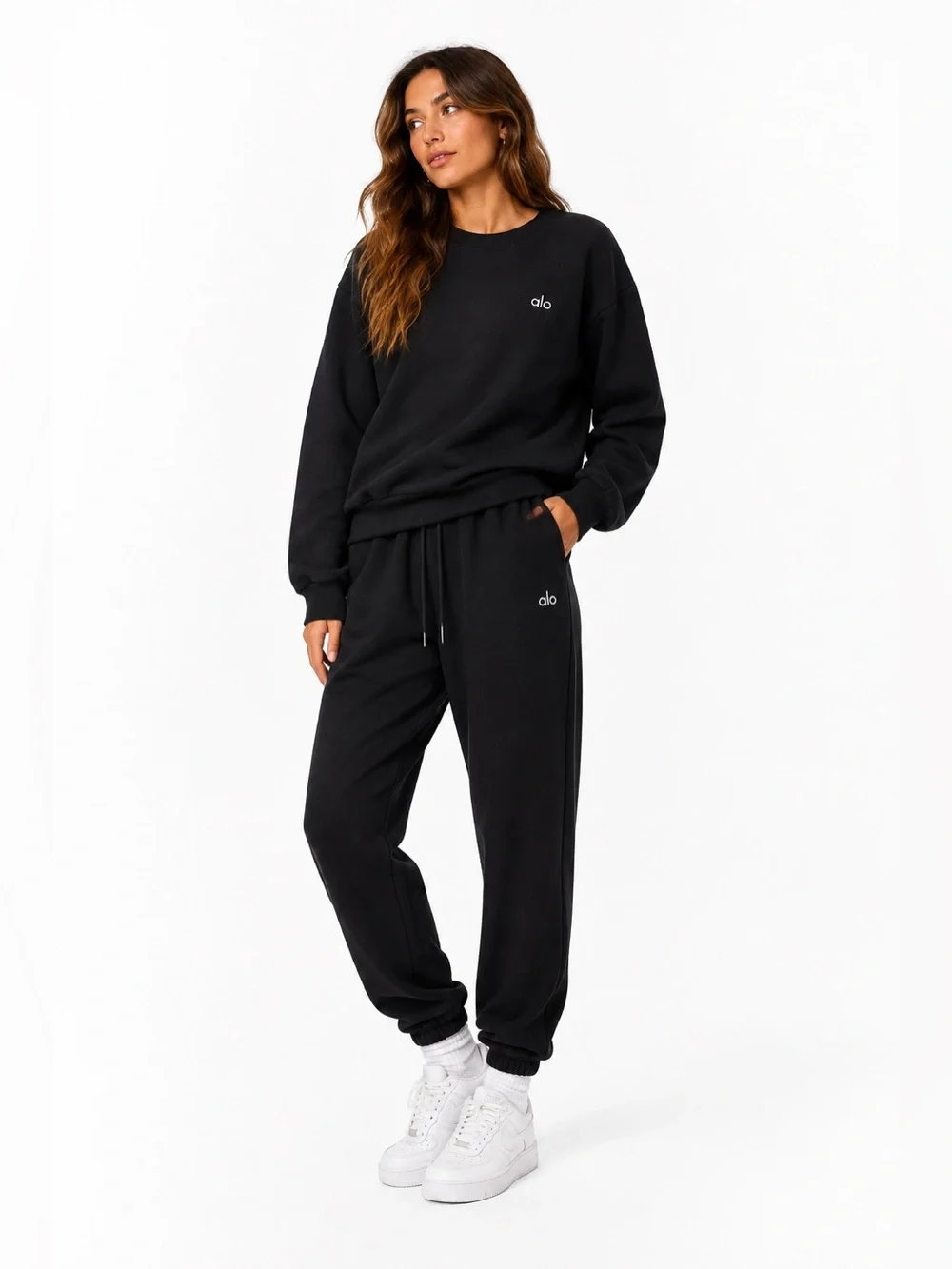 Alo Yoga Accolade Crewneck Sweatshirt Jogger Set Black XXS (CIGF003)